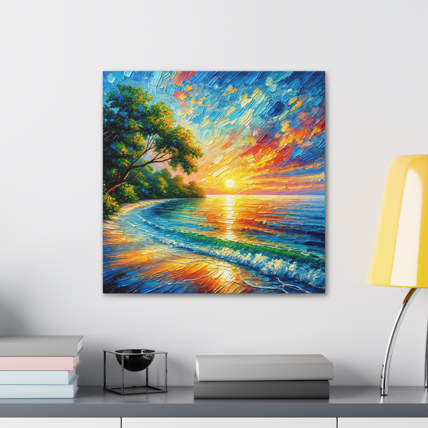 Art Print, Caribbean Sunset Beach Scene, Abstract, Oil Painting, West Indian Art, Canvas Gallery Wraps