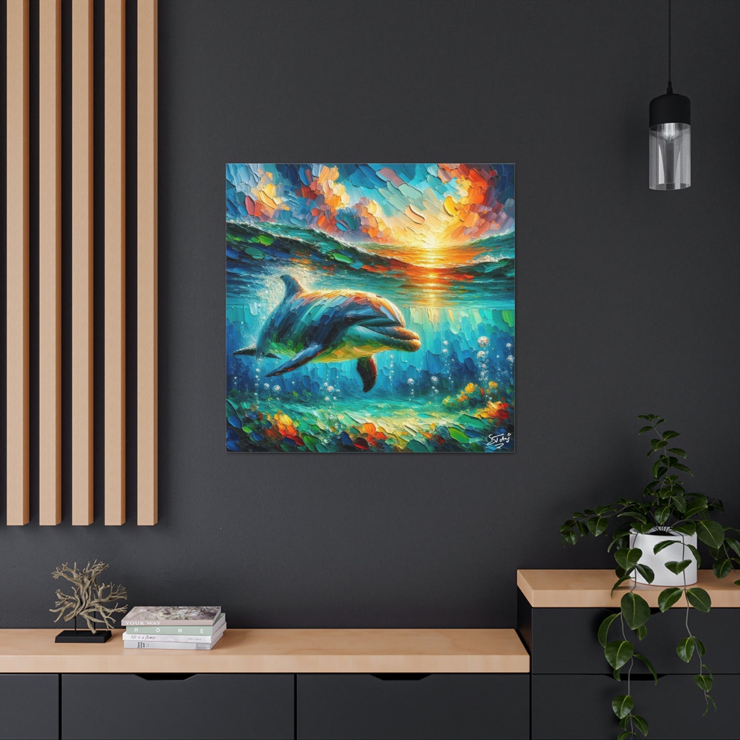 Art Print, Dolphin at Sunset, Oil Finish, Caribbean Nature, Semi-Abstract, Canvas Gallery Wrap