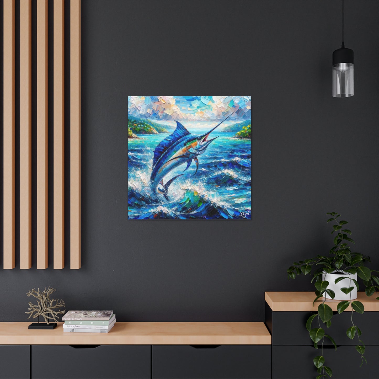 Art Print, Blue Marlin, Oil Finish, Caribbean Nature, Canvas Gallery Wrap