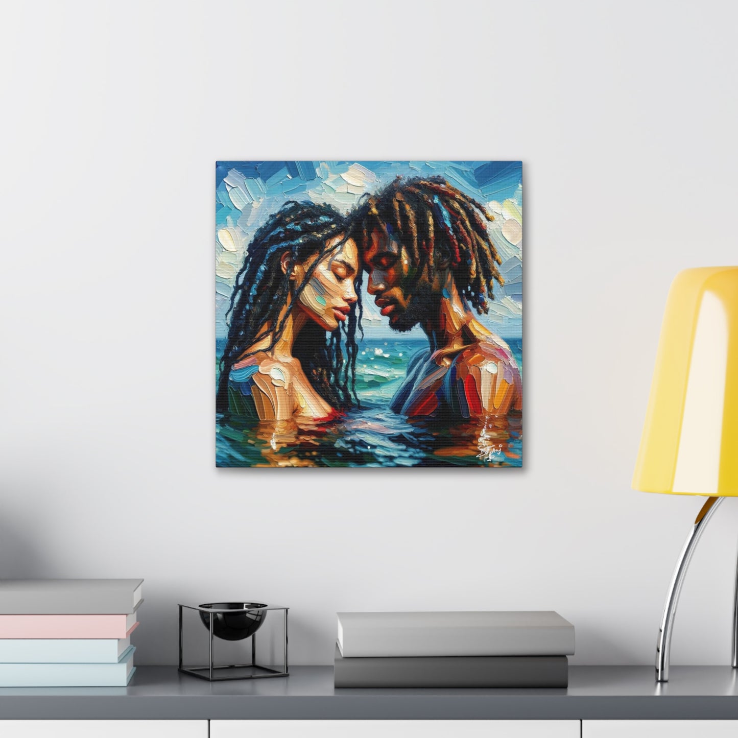 Art Print, Caribbean Couple, "In Our World" Semi-Abstract Oil Finish, West Indian Ethnicity, Cultural, Heritage, Abstract, Canvas Gallery Wrap