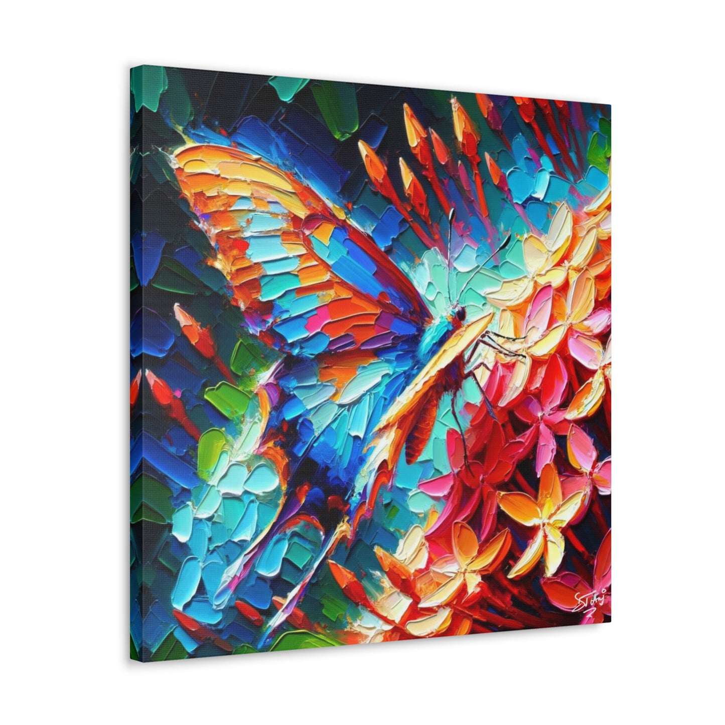 Art Print, Butterfly on Ixoras, Oil Finish, Caribbean Nature, Cultural, Heritage, Semi-Abstract, Canvas Gallery Wrap