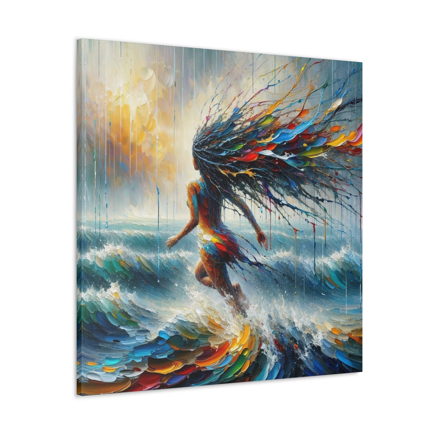 Art Print#5, East Indian Woman from Trinidad running into the Atlantic Ocean, Caribbean, Oil Finish, West Indian Art, Canvas Gallery Wraps