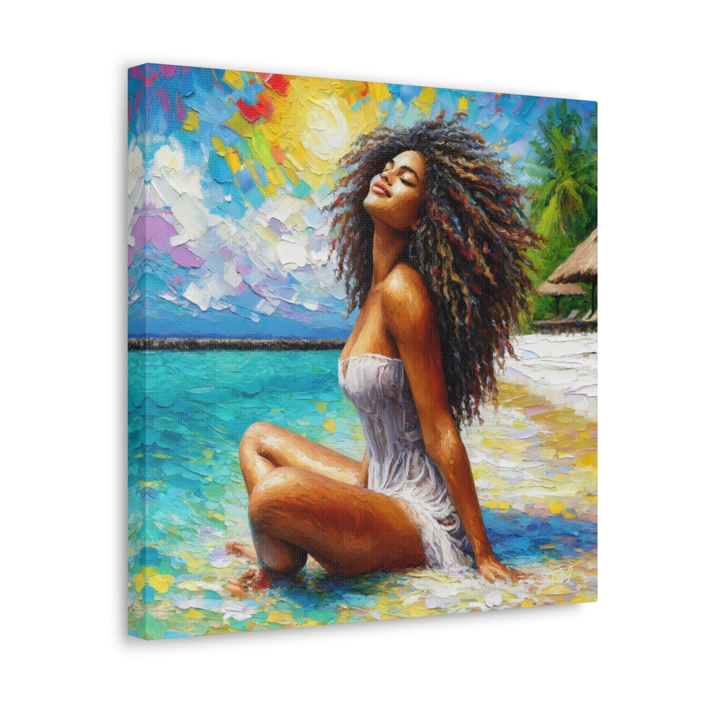 Art Print, Indo-Caribbean Woman, "Chilling on the Beach" Oil Finish, West Indian Ethnicity, Cultural, Heritage, Abstract, Canvas Gallery Wrap