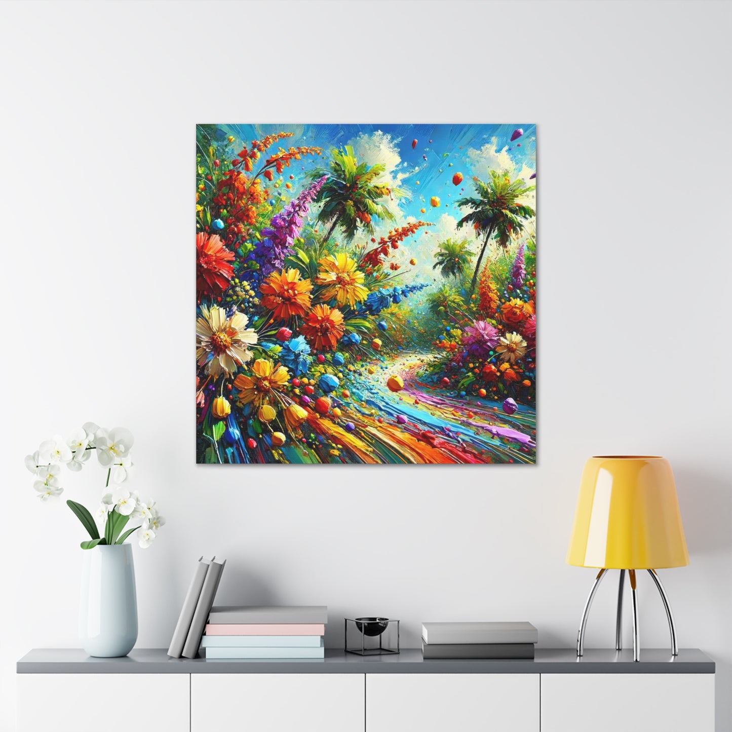 Art Print of Tropical Flower Garden, Abstract Oil Finish, West Indian Art, Canvas Gallery Wraps