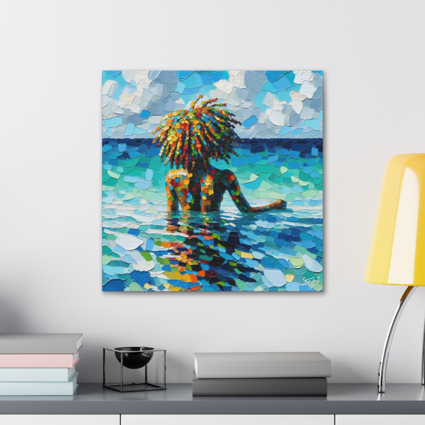 Art Print, Afro-Caribbean Woman, "Sea Bath" Oil Finish, West Indian Ethnicity, Cultural, Heritage, Abstract, Canvas Gallery Wrap