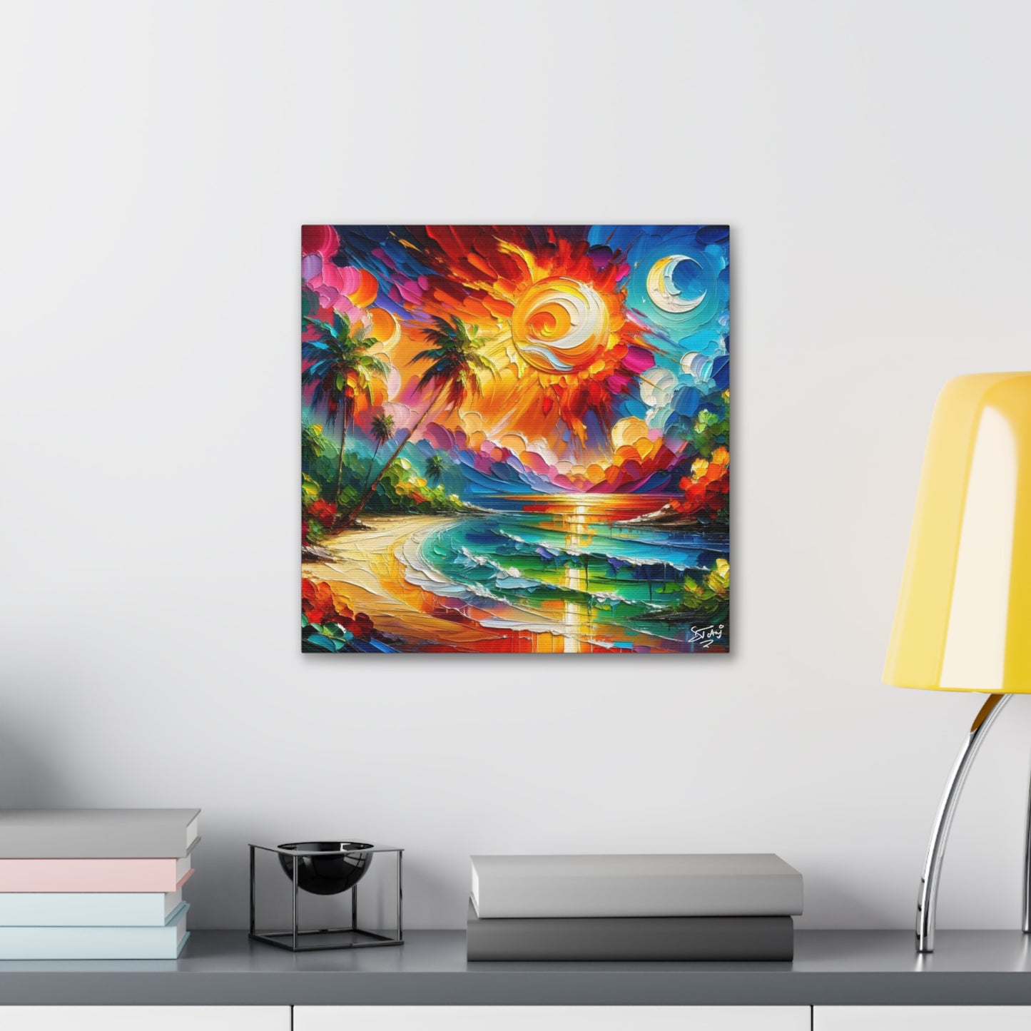 Art Print of Caribbean Sunset Scene, Semi-Abstract, Oil Painting, West Indian Art, Canvas Gallery Wraps