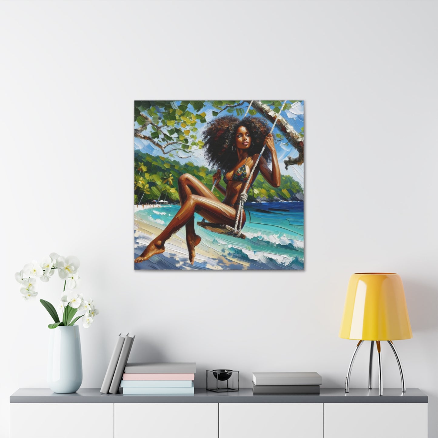 Art Print, Afro-Caribbean Woman, "Swinging" Oil Finish, West Indian Ethnicity, Cultural, Heritage, Abstract, Canvas Gallery Wrap