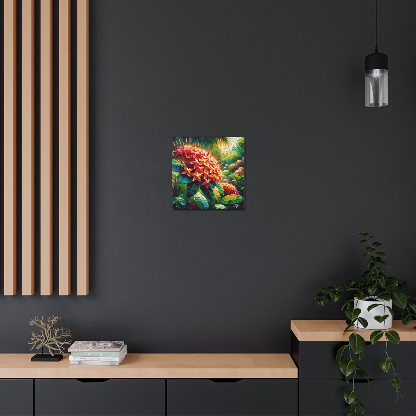 Art Print of Ixora Flowers, Oil Finish, West Indian Art, Canvas Gallery Wraps