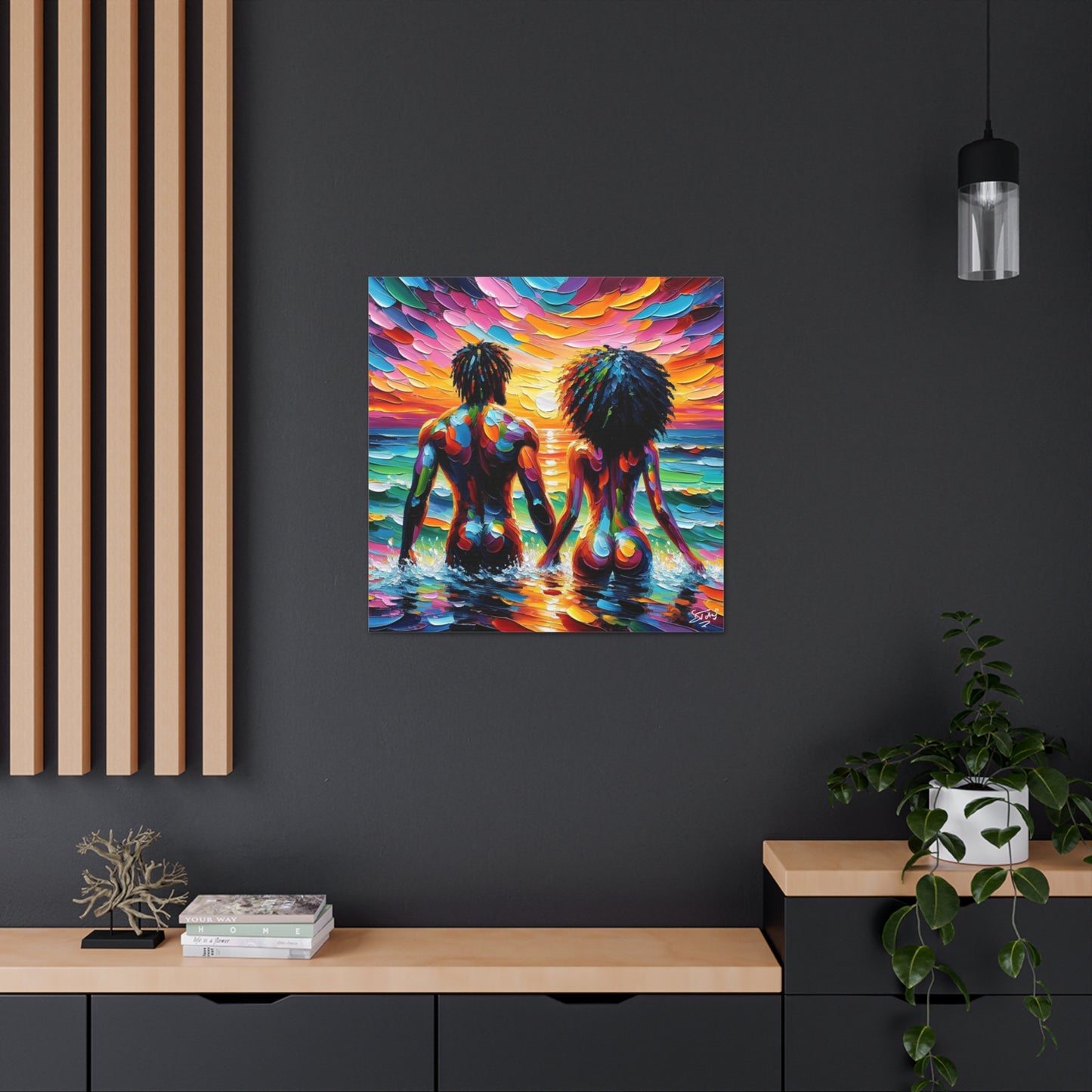 Art Print, Afro-Caribbean Couple "Skinny Dipping," Oil Finish, West Indian Ethnicity, Cultural, Heritage, Semi-Abstract, Canvas Gallery Wrap