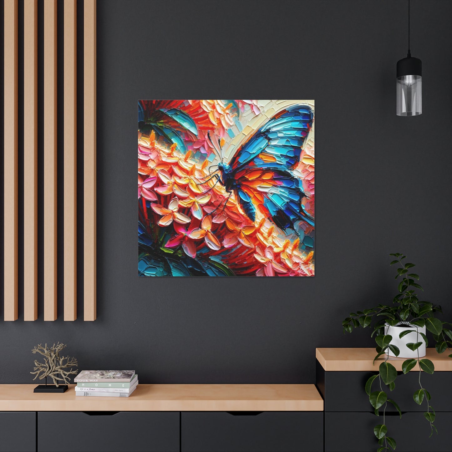 Art Print, Butterfly on Ixoras, Oil Finish, Caribbean Nature, Cultural, Heritage, Semi-Abstract, Canvas Gallery Wrap