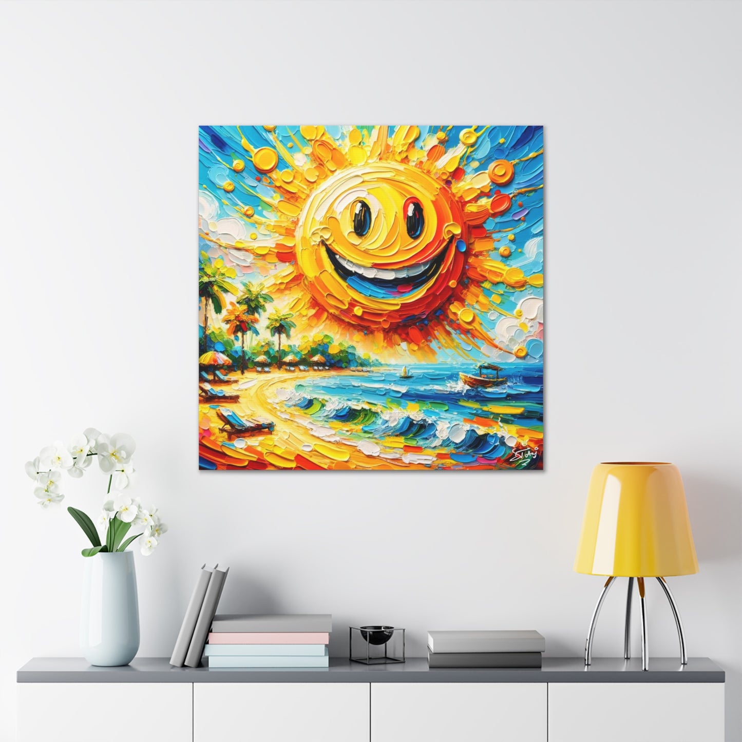 Art Print of Caribbean "Sunny Day" Beach Scene, Oil Painting, West Indian Art, Canvas Gallery Wraps