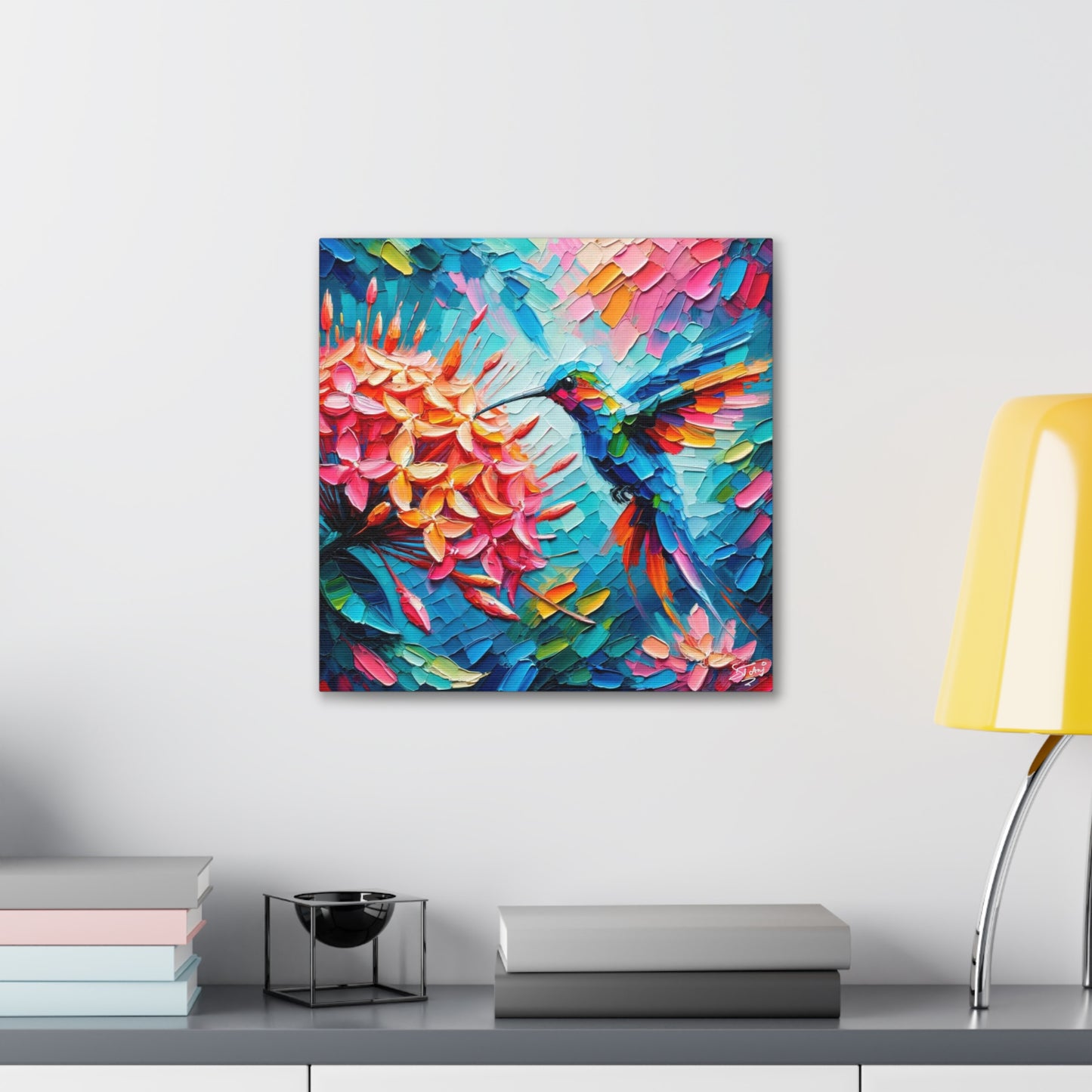 Art Print, Hummingbird on Ixora, Oil Finish, Caribbean Nature, Cultural, Heritage, Semi-Abstract, Canvas Gallery Wrap