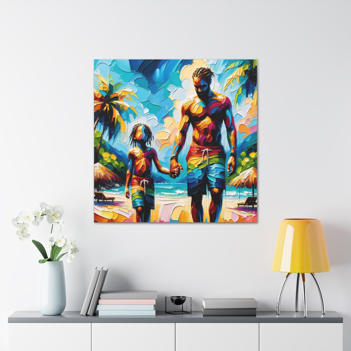 Art Print, Afro-Caribbean Father & Son, Oil Finish, West Indian Ethnicity, Cultural, Heritage, Semi-Abstract, Canvas Gallery Wrap