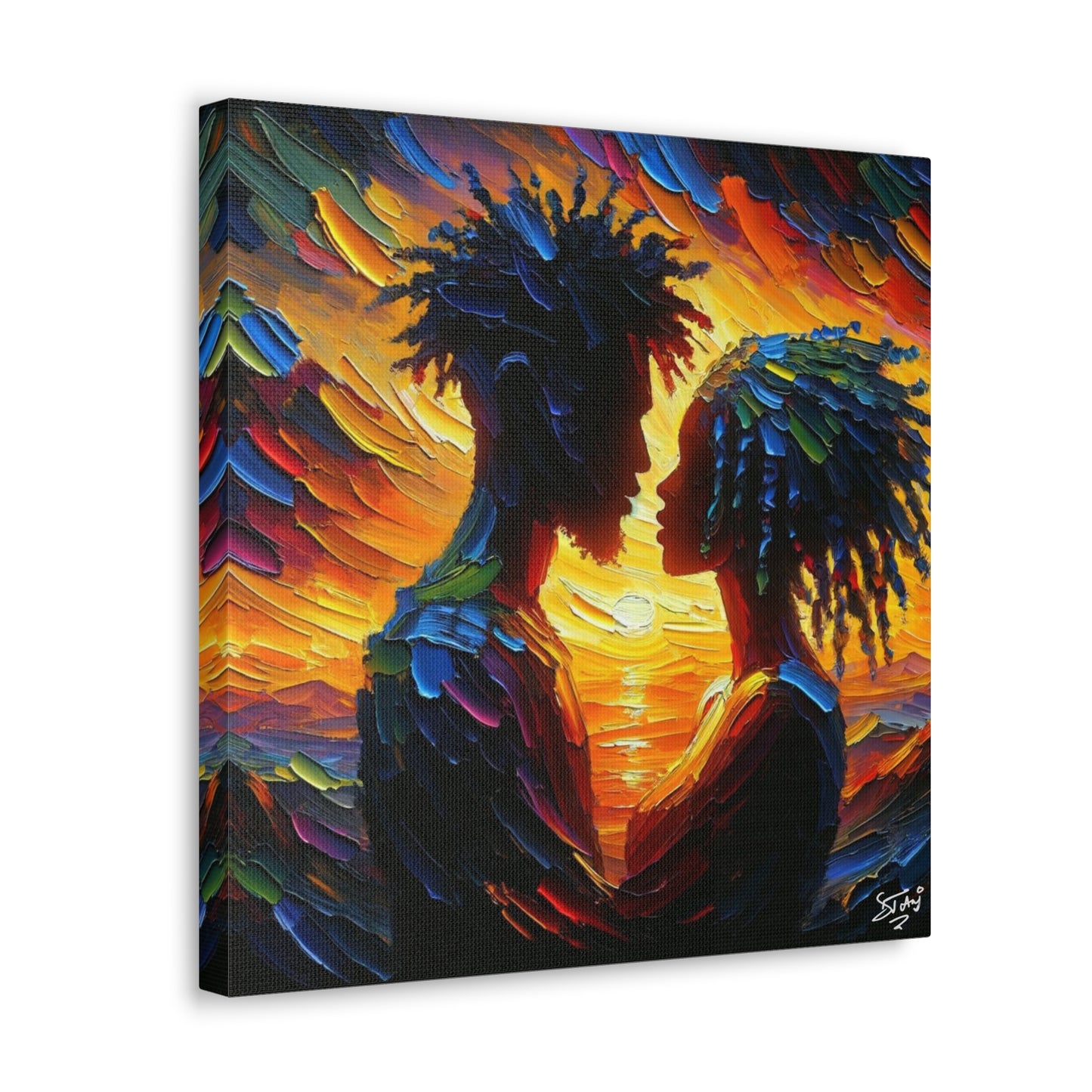 Art Print, Afro-Caribbean Couple in Love, Oil Finish, West Indian Ethnicity, Cultural, Heritage, Semi-Abstract, Canvas Gallery Wrap