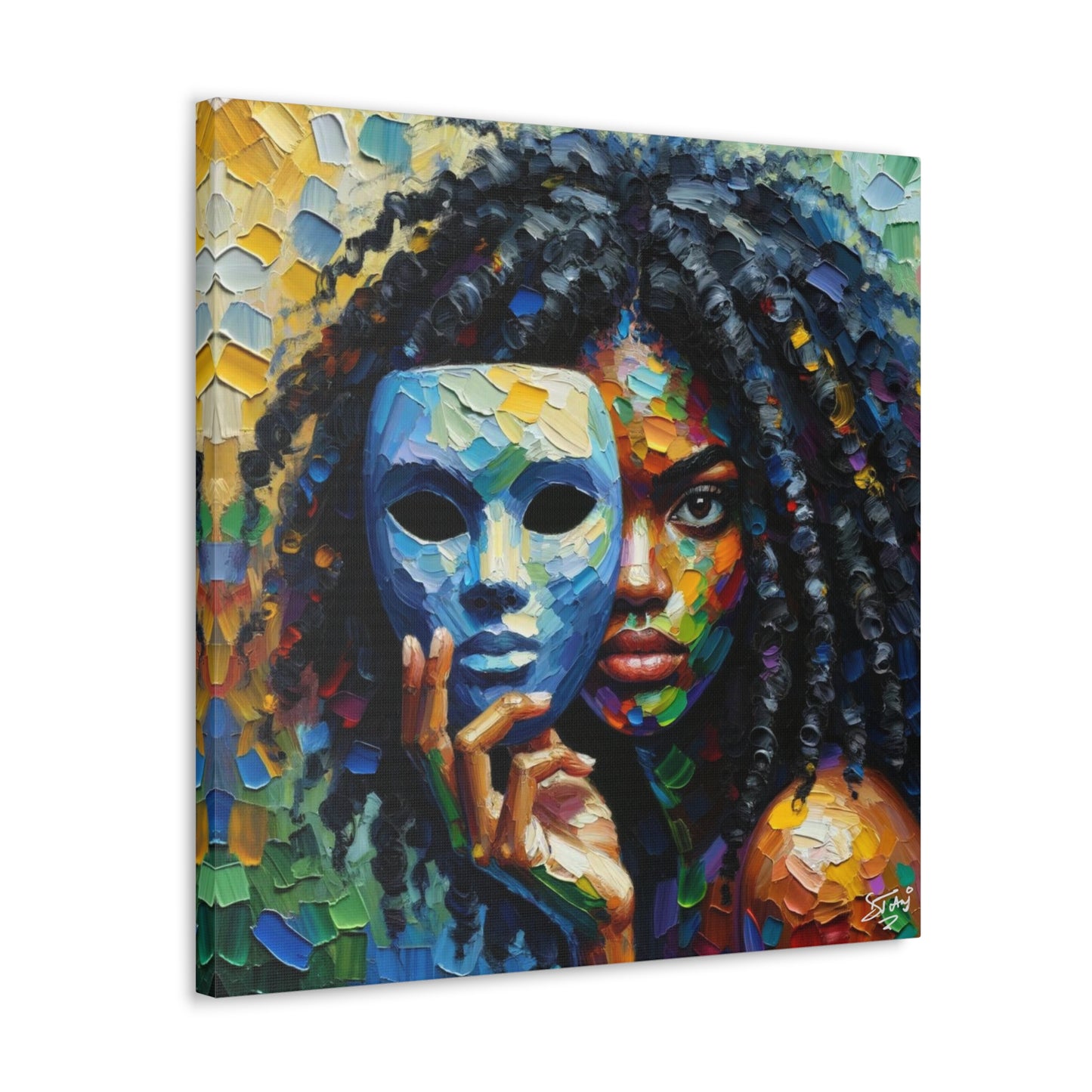 Art Print, Afro-Caribbean Woman Behind Mask, Oil Finish, West Indian Ethnicity, Cultural, Heritage, Semi-Abstract, Canvas Gallery Wrap