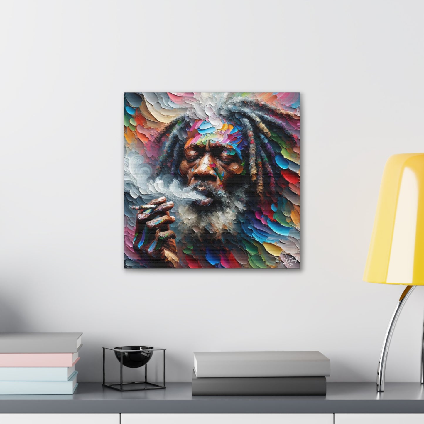 Art Print, "Rastaman Live Up (2)" Oil Finish, West Indian Ethnicity, Cultural, Heritage, Semi-Abstract, Canvas Gallery Wrap