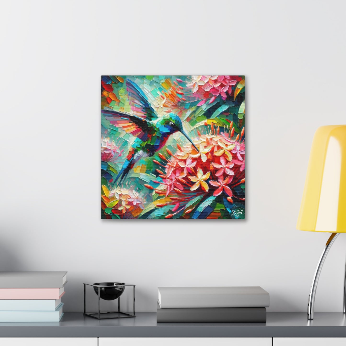 Art Print, Hummingbird, Oil Finish, Caribbean Nature, Cultural, Heritage, Semi-Abstract, Canvas Gallery Wrap