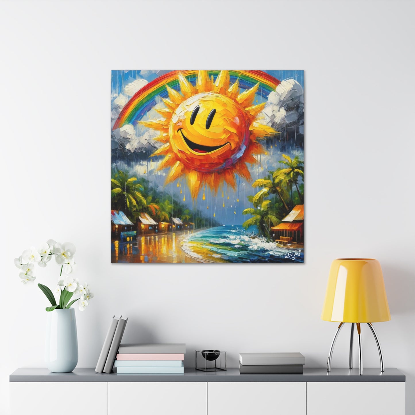 Art Print of Caribbean Beach Scene, "Sun & Rain," West Indian Art, Canvas Gallery Wraps