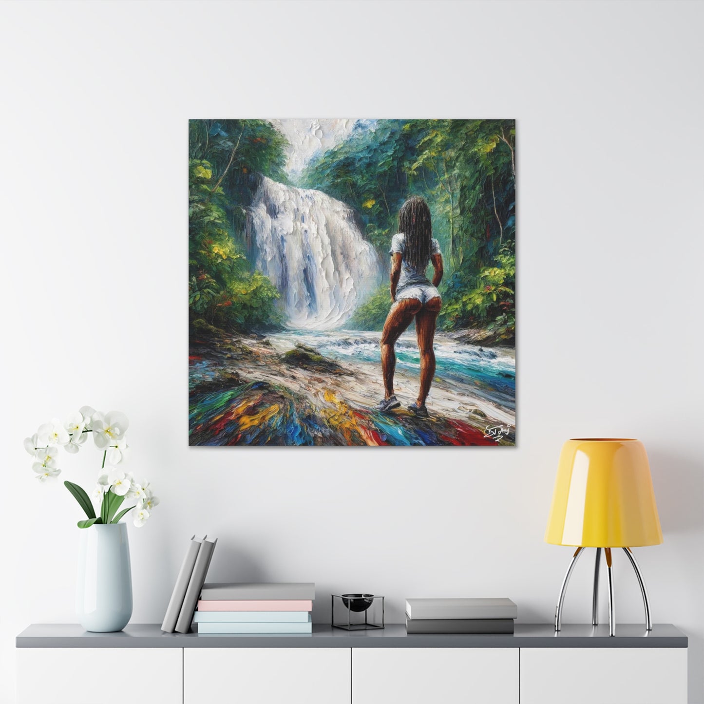 Art Print, Dougla Woman "Chilling at the Waterfall" Oil Finish, West Indian Ethnicity, Cultural, Heritage, Semi-Abstract, Canvas Gallery Wrap