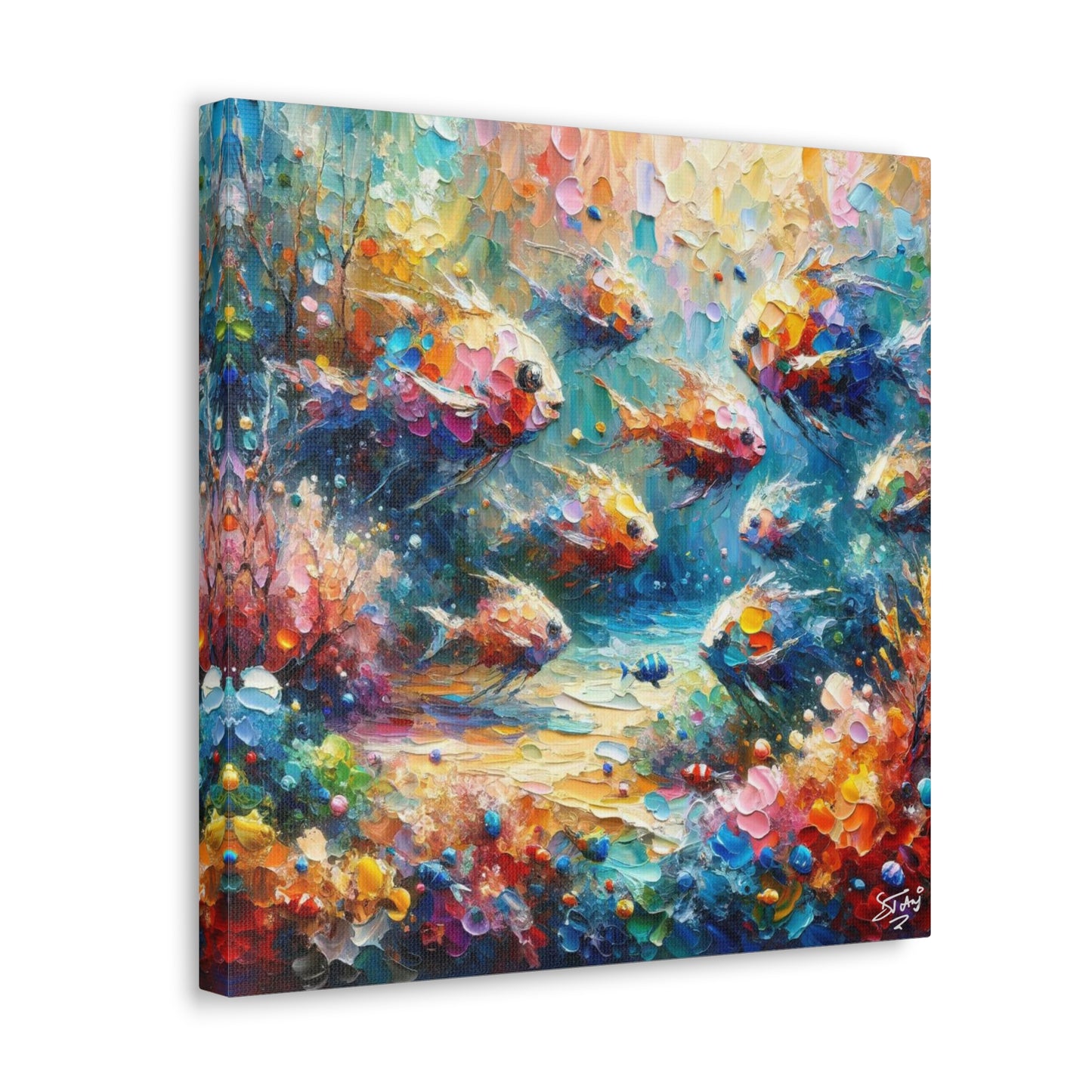 Art Print, Fishes in Coral Reef, Oil Finish, Caribbean Nature, Semi-Abstract, Canvas Gallery Wrap