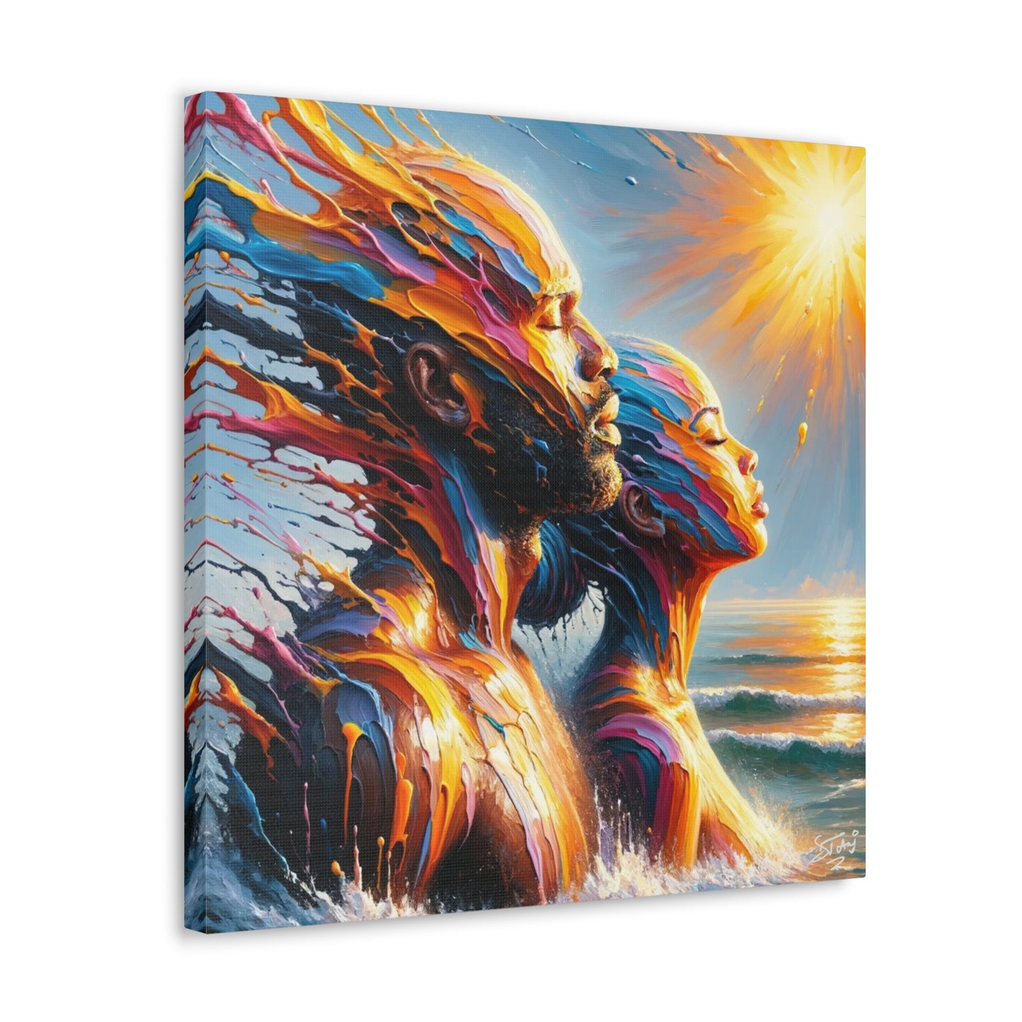 Art Print, Afro-Caribbean Couple "Melting in the Sun," Oil Finish, West Indian Ethnicity, Cultural, Heritage, Semi-Abstract, Canvas Gallery Wrap