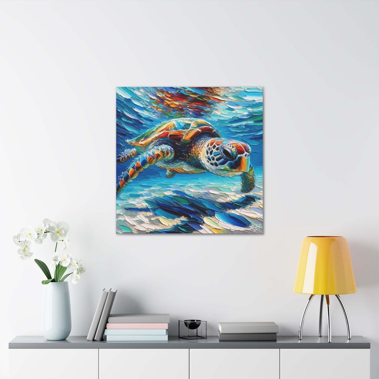 Art Print, Turtle in Reef, Oil Finish, Caribbean Nature, Cultural, Heritage, Semi-Abstract, Canvas Gallery Wrap