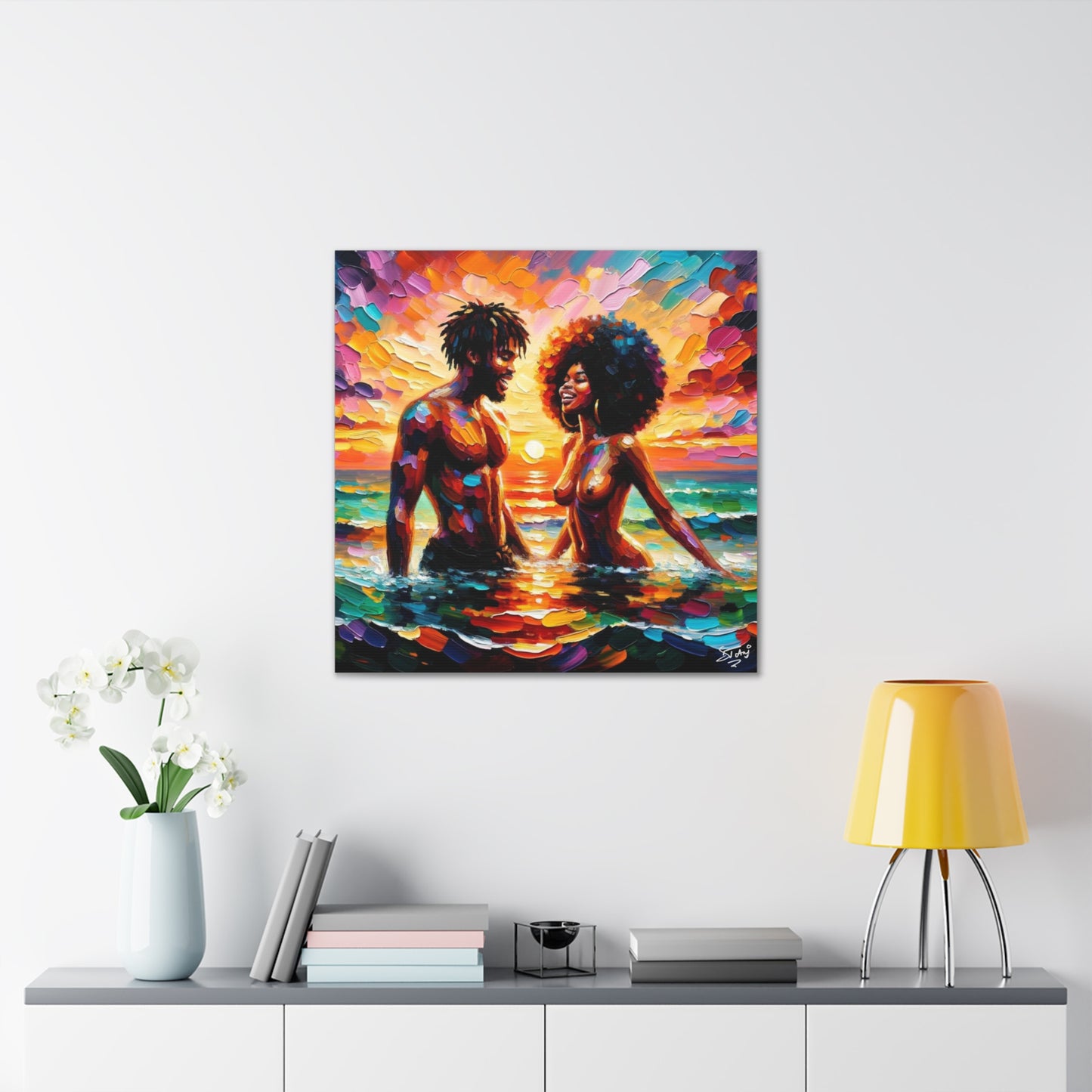 Art Print, Afro-Caribbean Couple in the Sea, Oil Finish, West Indian Ethnicity, Cultural, Heritage, Semi-Abstract, Canvas Gallery Wrap