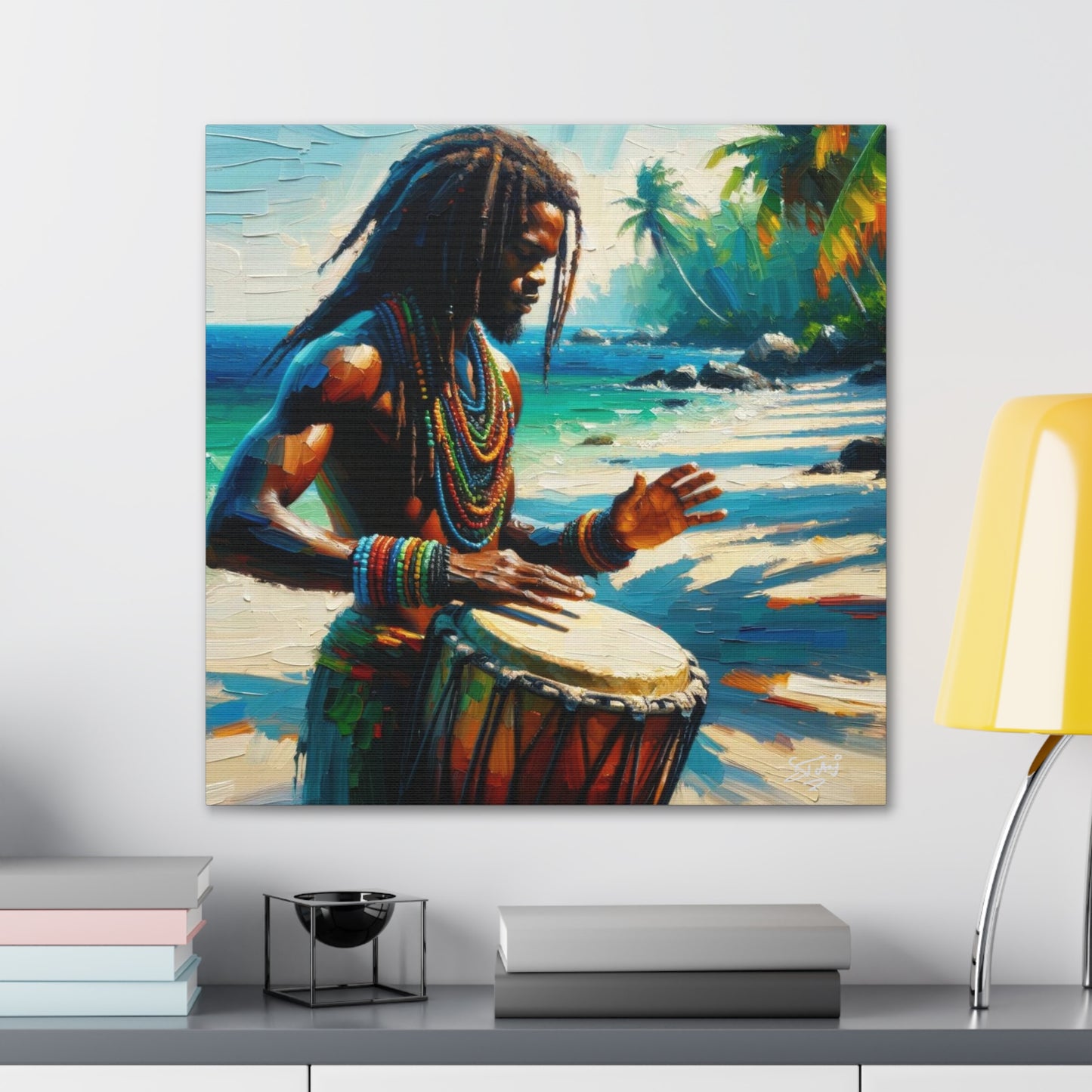 Art Print, Afro-Caribbean Man, "Drumming" Oil Finish, West Indian Ethnicity, Cultural, Heritage, Abstract, Canvas Gallery Wrap