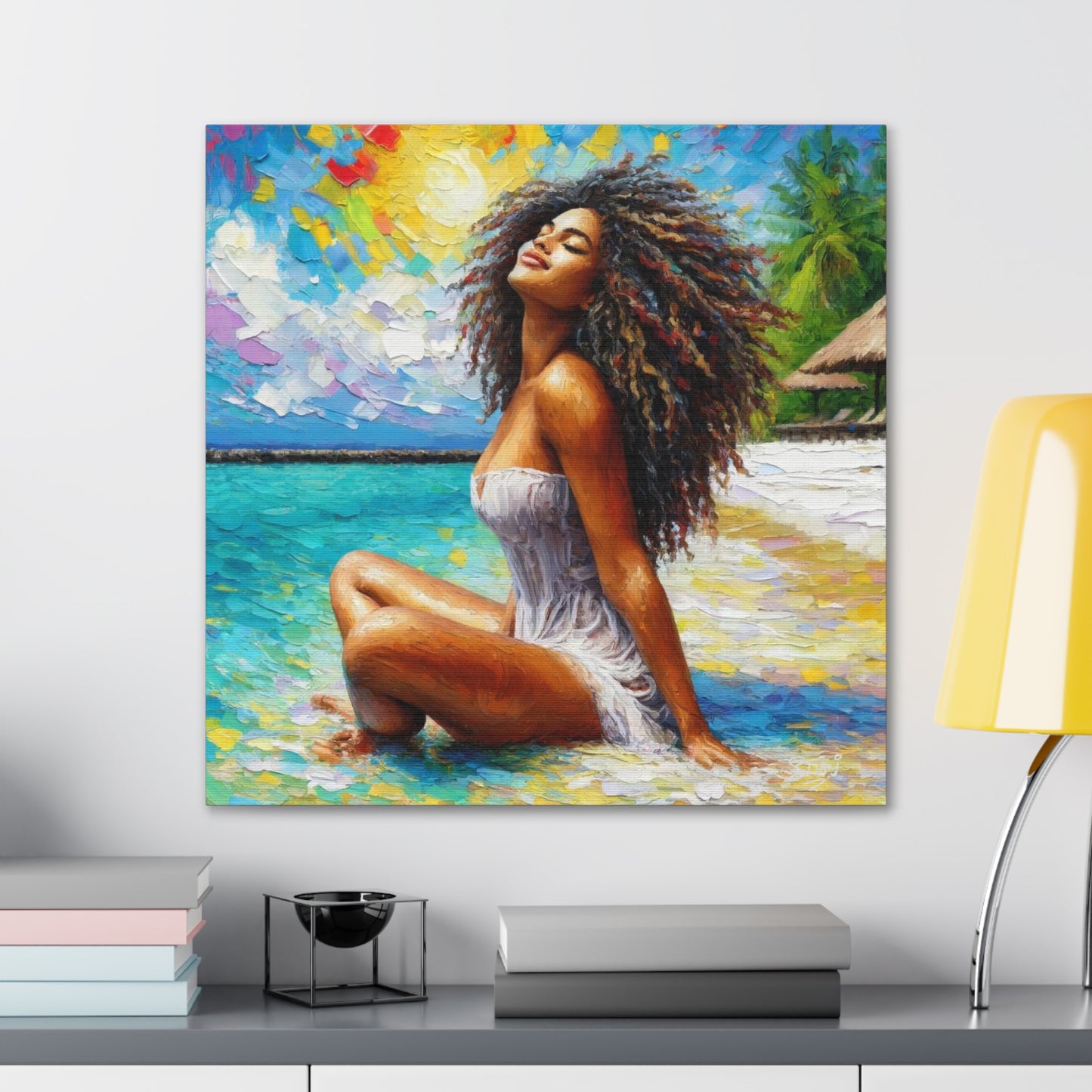 Art Print, Indo-Caribbean Woman, "Chilling on the Beach" Oil Finish, West Indian Ethnicity, Cultural, Heritage, Abstract, Canvas Gallery Wrap