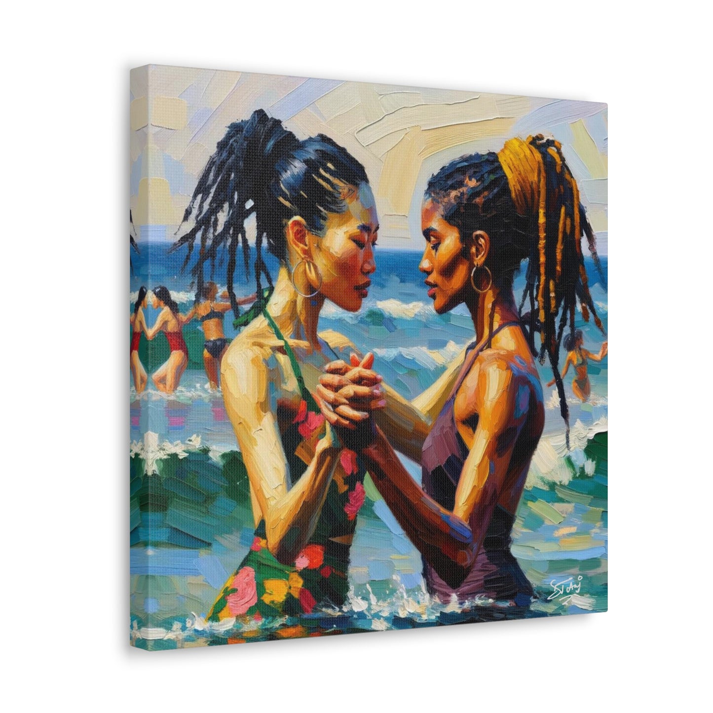 Art Print, Caribbean Couple, "In Our World" Semi-Abstract Oil Finish, West Indian Ethnicity, Cultural, Heritage, Canvas Gallery Wrap