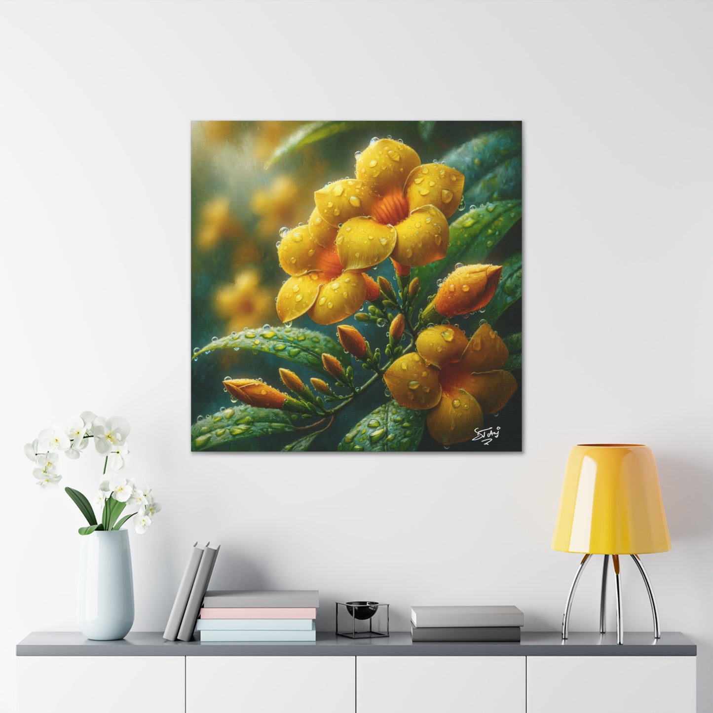 Print#2 of Yellow Allamanda Flowers in the Rain, Oil Paint Finish, Caribbean, Tropical, Canvas Gallery Wraps