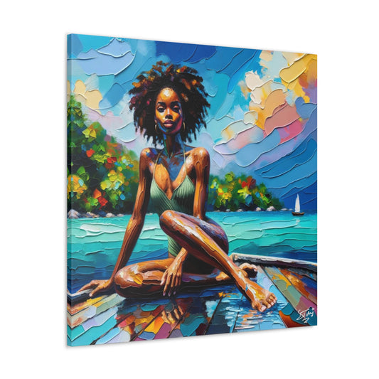 Art Print, Afro-Caribbean Woman "Chilling in the Boat" Oil Finish, West Indian Ethnicity, Cultural, Heritage, Semi-Abstract, Canvas Gallery Wrap