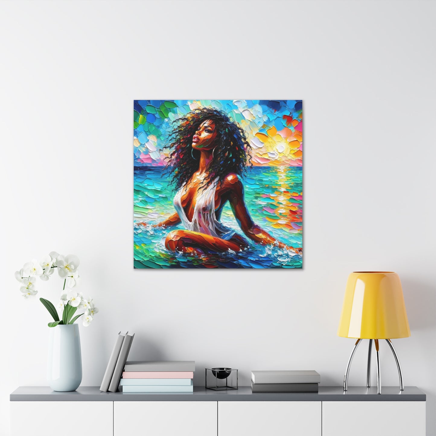 Art Print, Afro-Caribbean Woman, "Sea Bath" Abstract, Oil Finish, West Indian Ethnicity, Cultural, Heritage, Abstract, Canvas Gallery Wrap