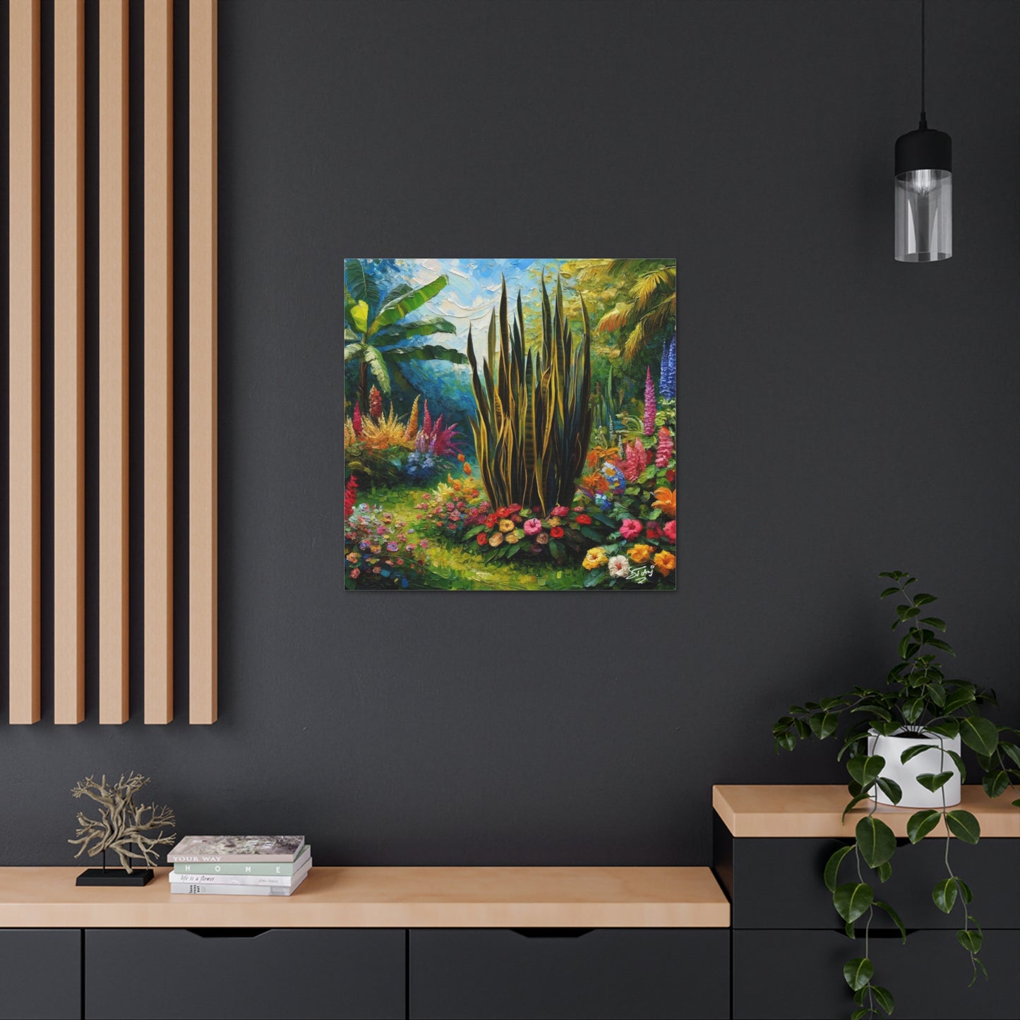 Art Print of Snake Plant in Tropical Flower Garden, Oil Finish, West Indian Art, Canvas Gallery Wraps