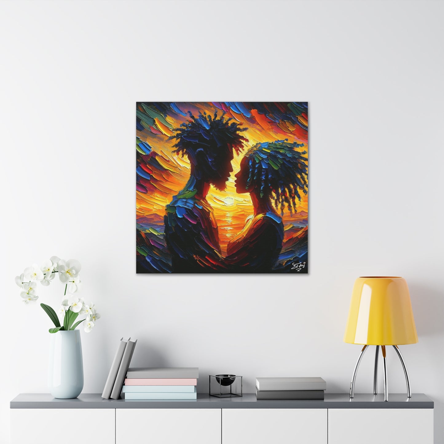 Art Print, Afro-Caribbean Couple in Love, Oil Finish, West Indian Ethnicity, Cultural, Heritage, Semi-Abstract, Canvas Gallery Wrap