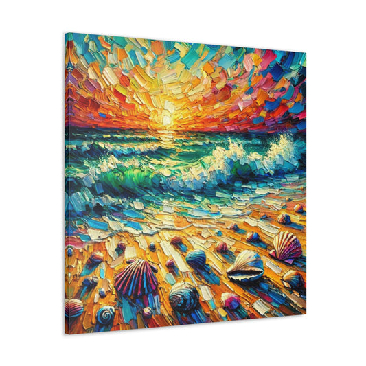 Art Print, Seashells on Caribbean Beach, Sunset, Semi-Abstract, Oil Painting, West Indian Art, Canvas Gallery Wraps