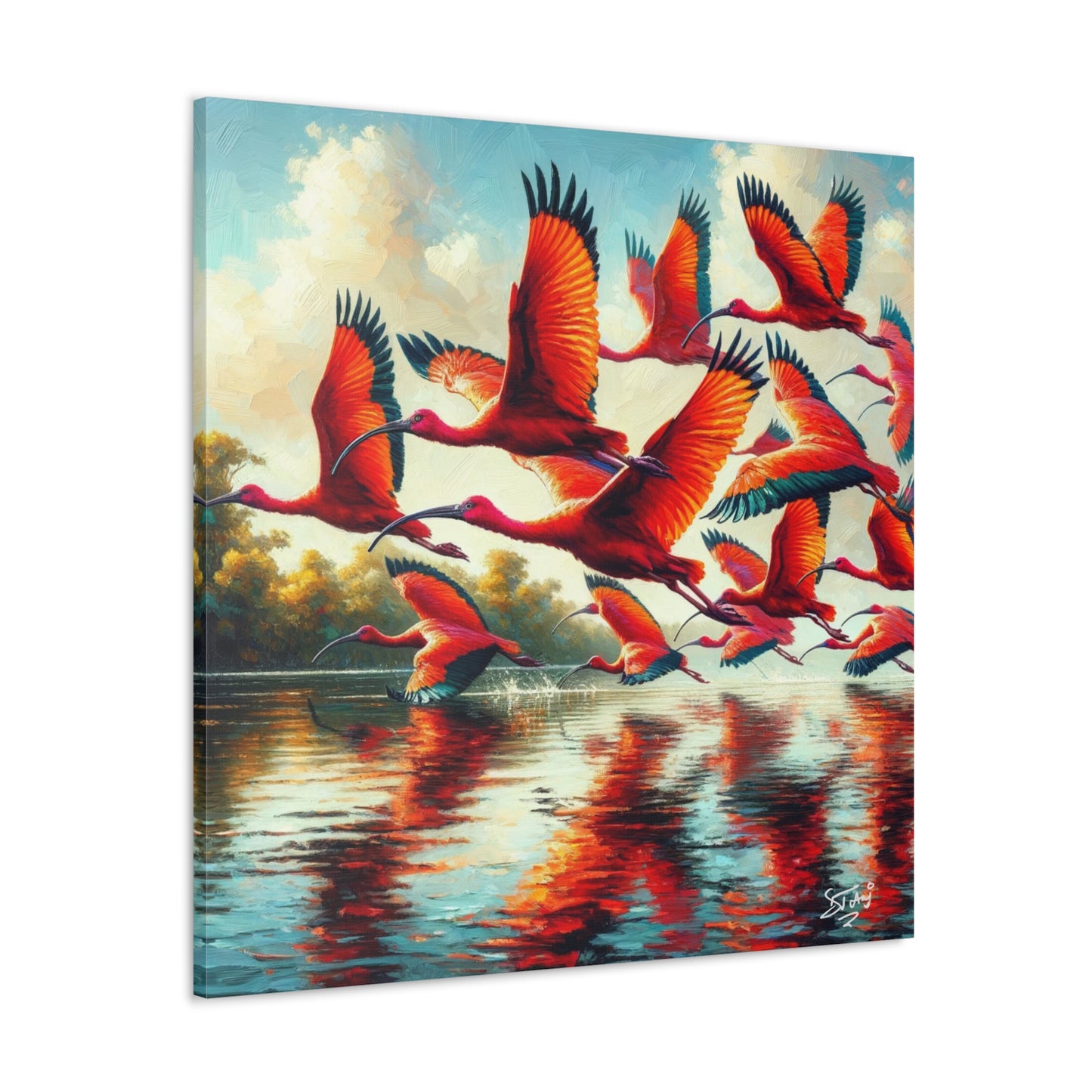 Art Print, Scarlet Ibises in flight, Oil Finish, Trinidad & Tobago, Caribbean, West Indian Art, Canvas Gallery Wraps