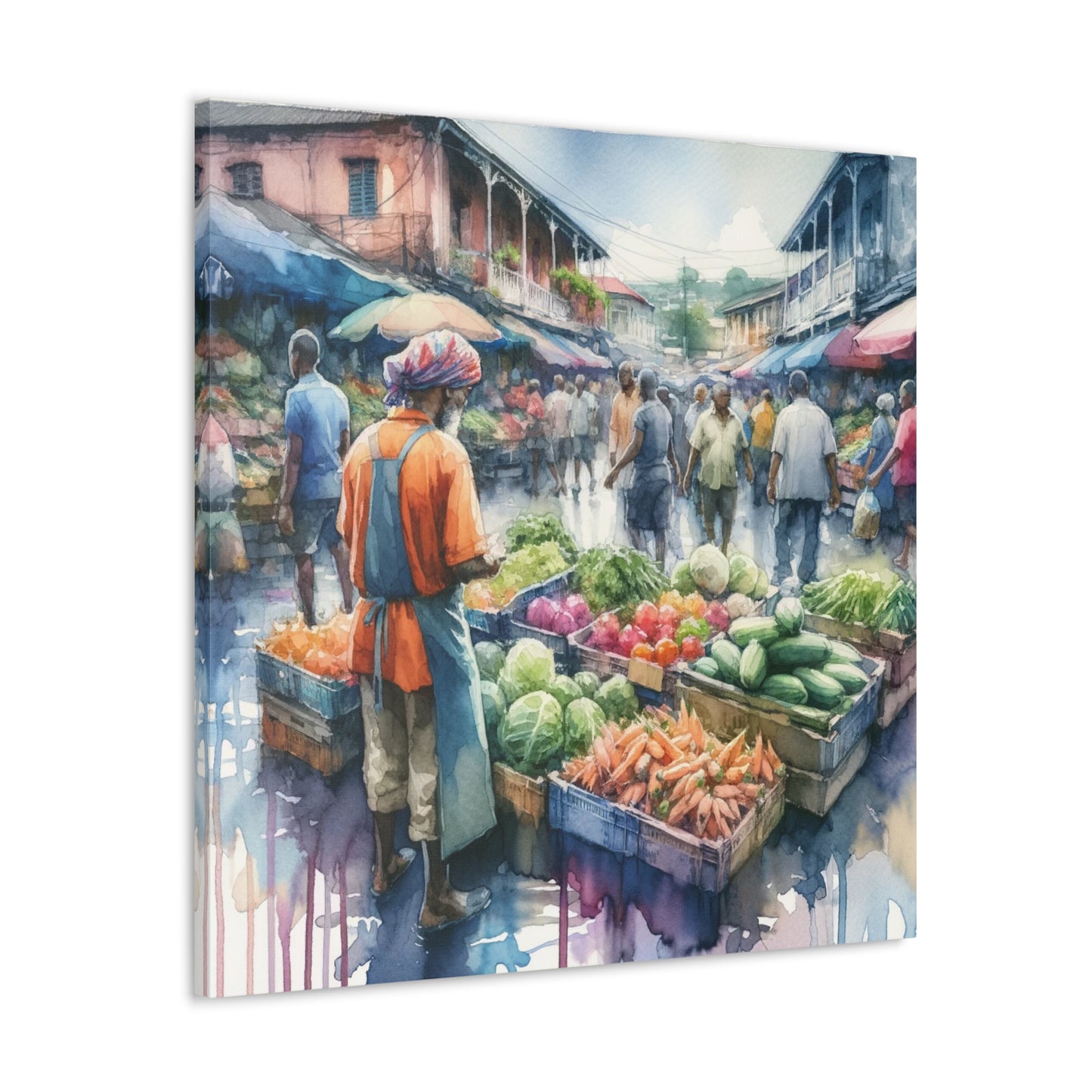 Art Print#2, "Selling at the Market", Market Scene in Trinidad, Caribbean, Watercolor Finish, West Indian Art, Canvas Gallery Wraps