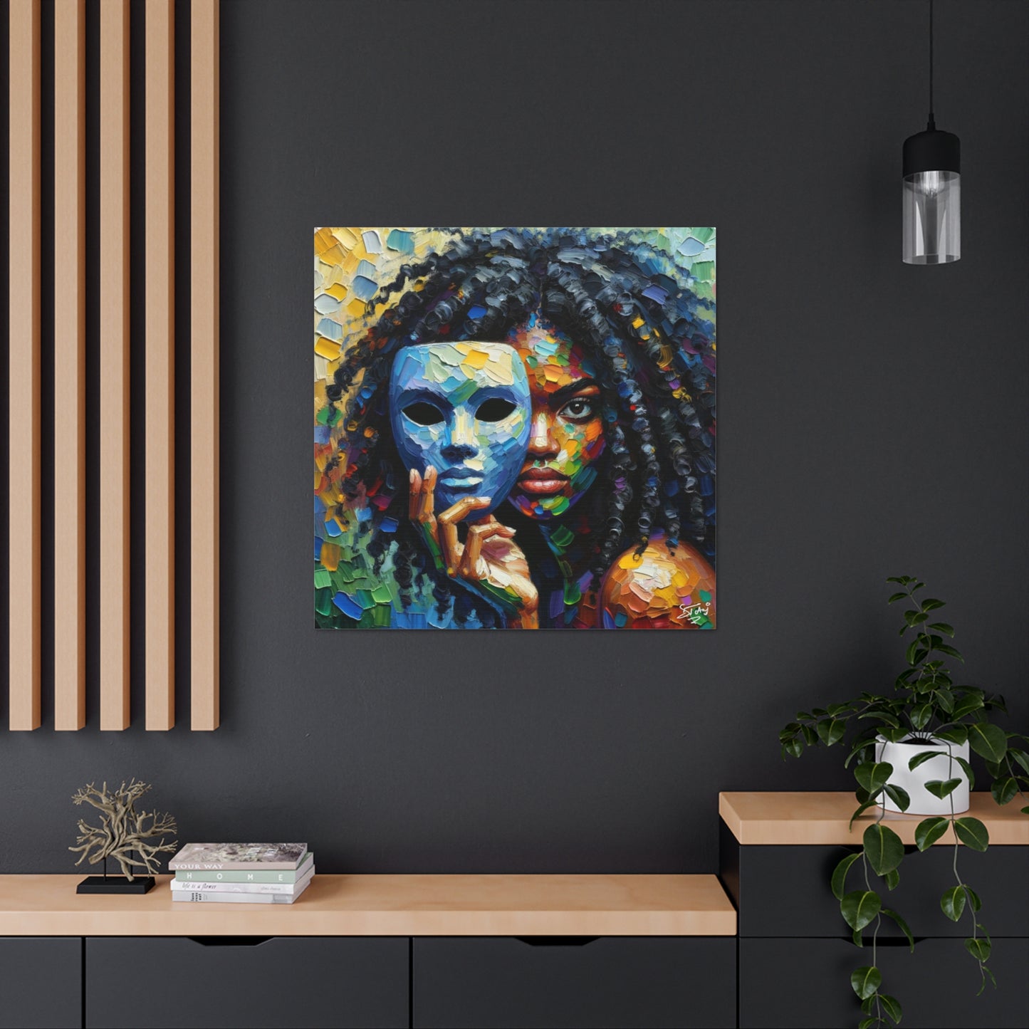 Art Print, Afro-Caribbean Woman Behind Mask, Oil Finish, West Indian Ethnicity, Cultural, Heritage, Semi-Abstract, Canvas Gallery Wrap