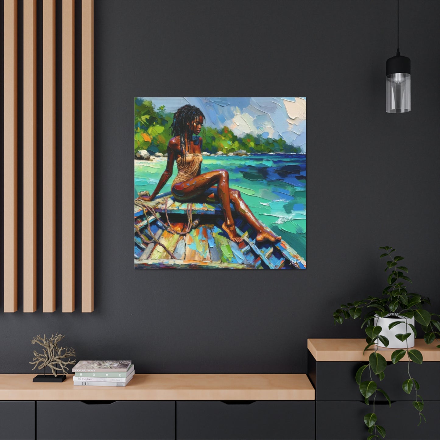 Art Print, Caribbean Woman "Chilling in the Boat" Oil Finish, West Indian Ethnicity, Cultural, Heritage, Semi-Abstract, Canvas Gallery Wrap