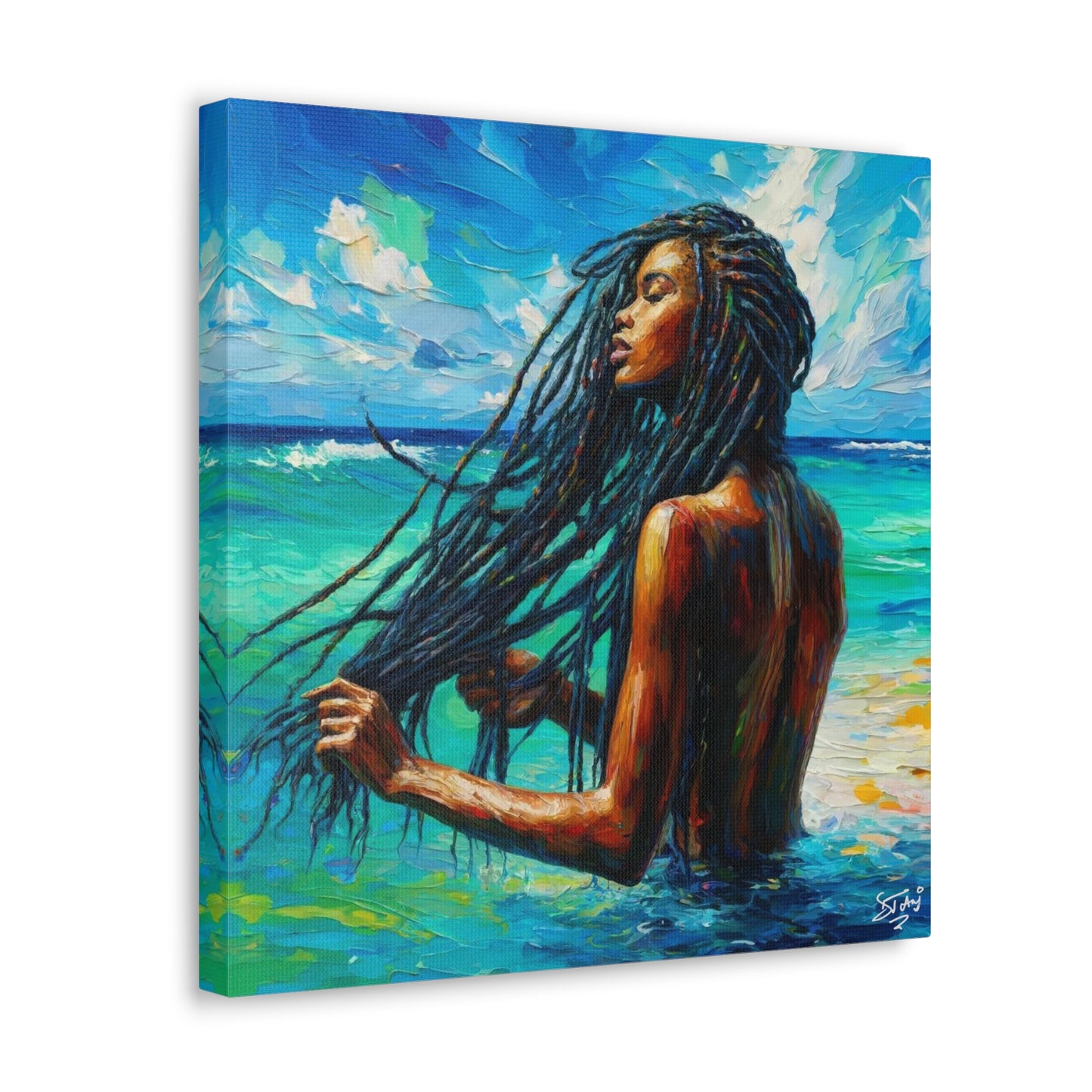 Art Print, Afro-Caribbean Woman "Chilling in the Ocean" Oil Finish, West Indian Ethnicity, Cultural, Heritage, Semi-Abstract, Canvas Gallery Wrap