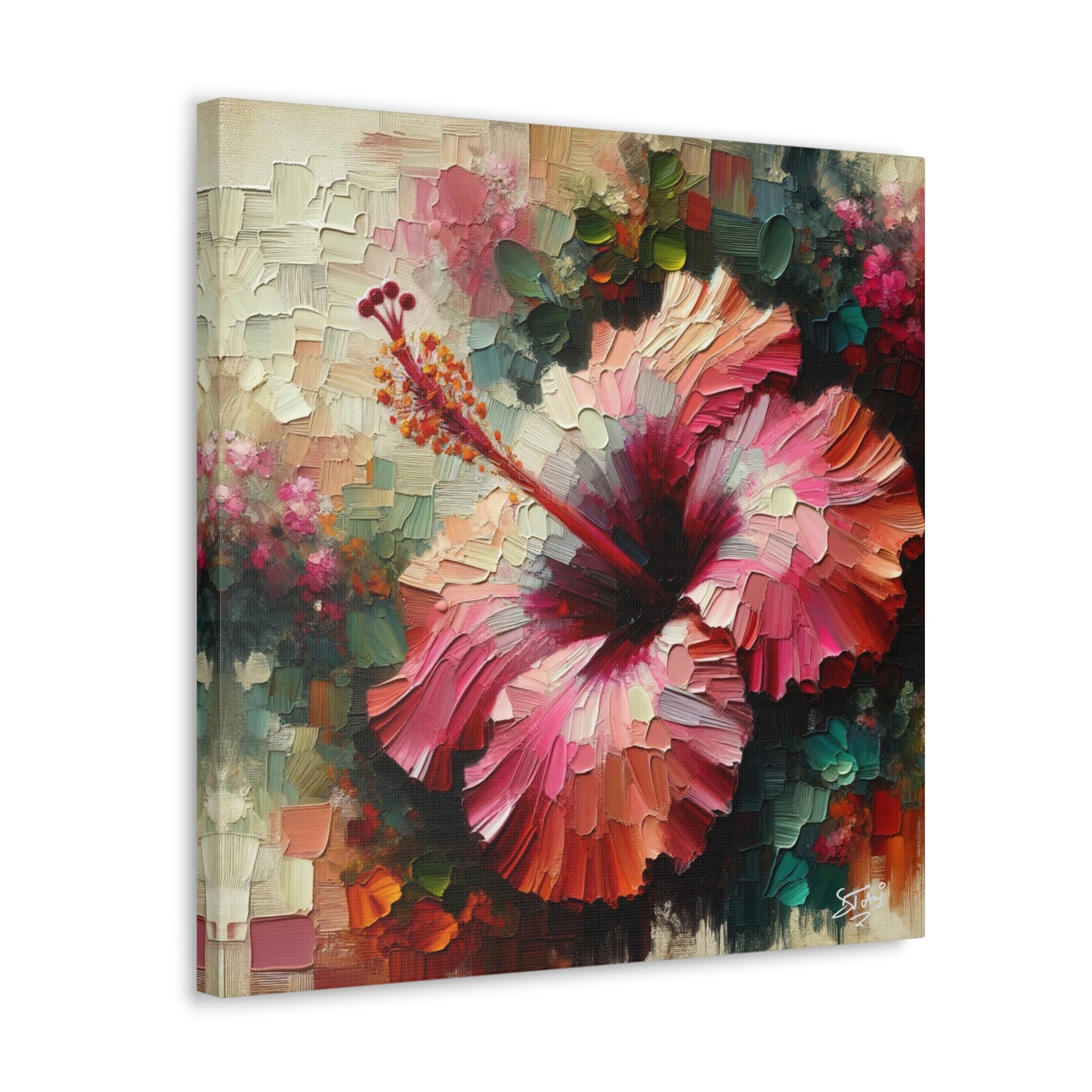 Oil Print#3 of a Pink Hibiscus Flower, Close-up View, Semi-abstract, Caribbean, Vibrant Vivid Colors, Canvas Gallery Wraps