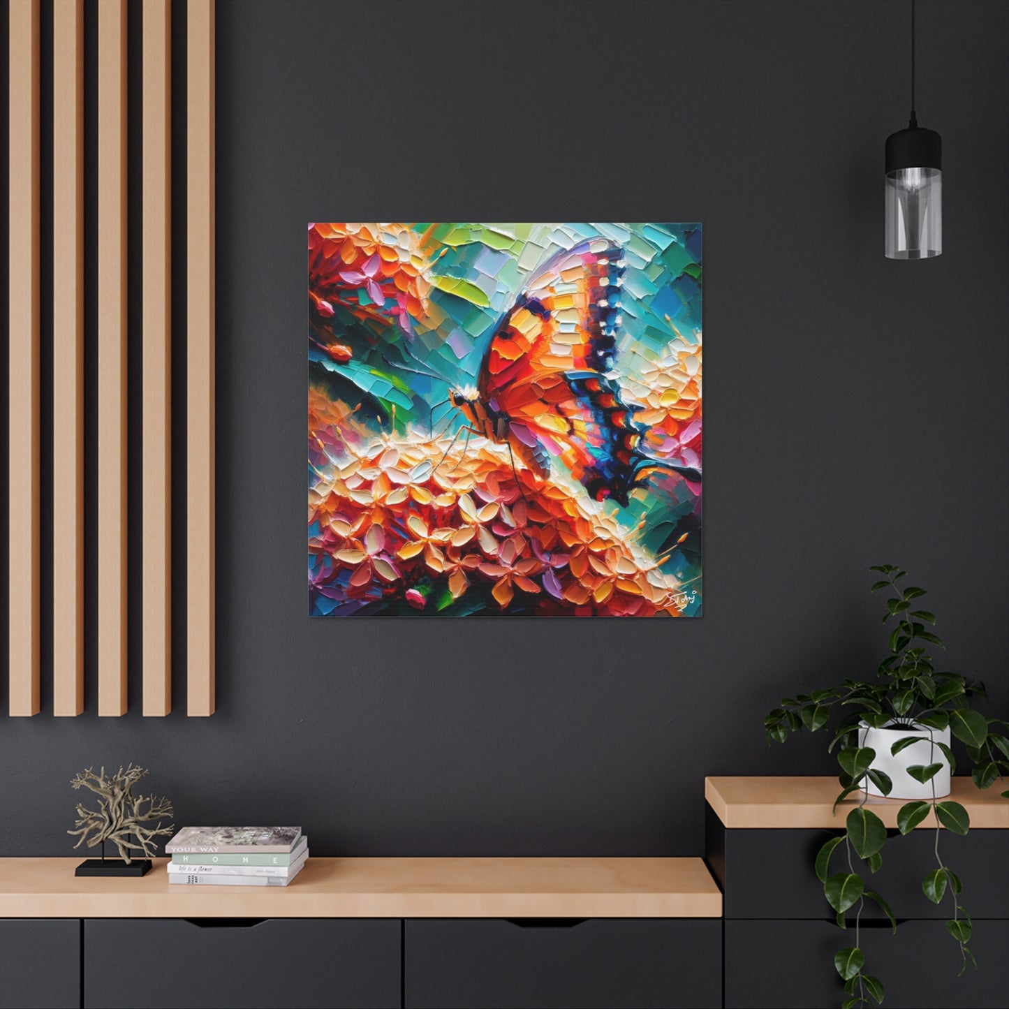 Art Print, Butterfly on Ixoras, Oil Finish, Caribbean Nature, Cultural, Heritage, Semi-Abstract, Canvas Gallery Wrap