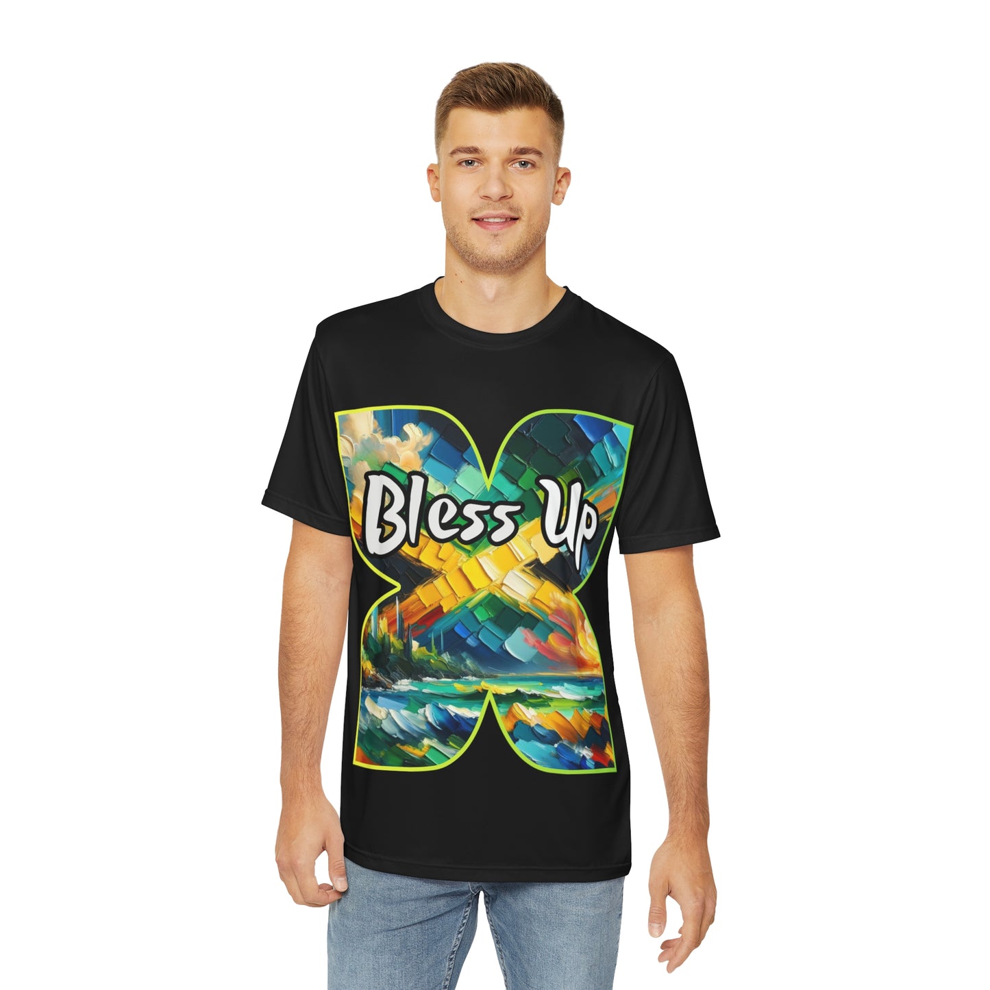 Men's Brushed Polyester Short Sleeve Tee (AOP), "Bless Up"