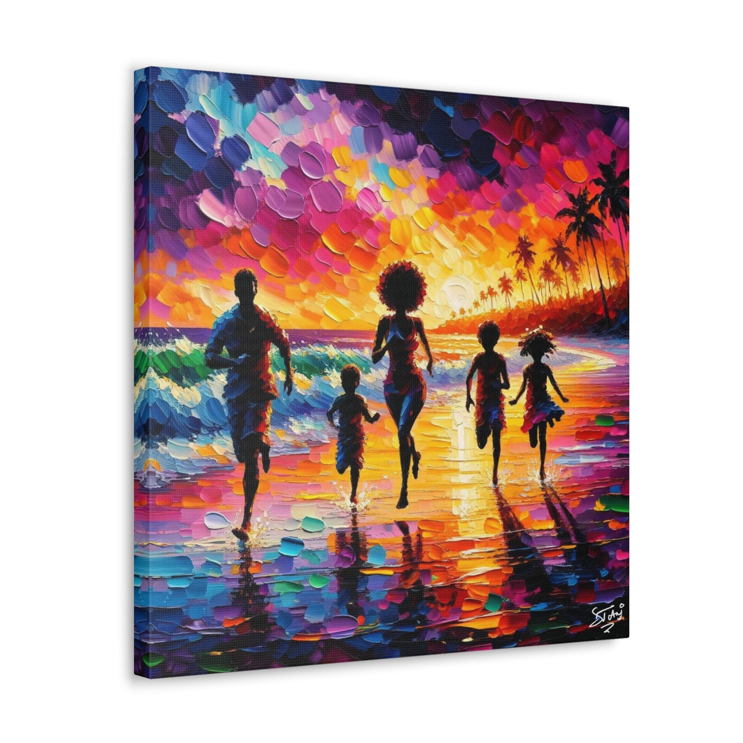 Art Print, Caribbean Family, "Having Fun" Oil Finish, West Indian Ethnicity, Cultural, Heritage, Abstract, Canvas Gallery Wrap