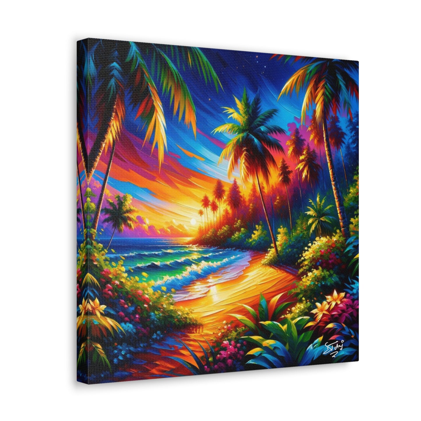 Art Print of Caribbean Beach Sunset Scene, Semi-Abstract Oil Painting, West Indian Art, Canvas Gallery Wraps