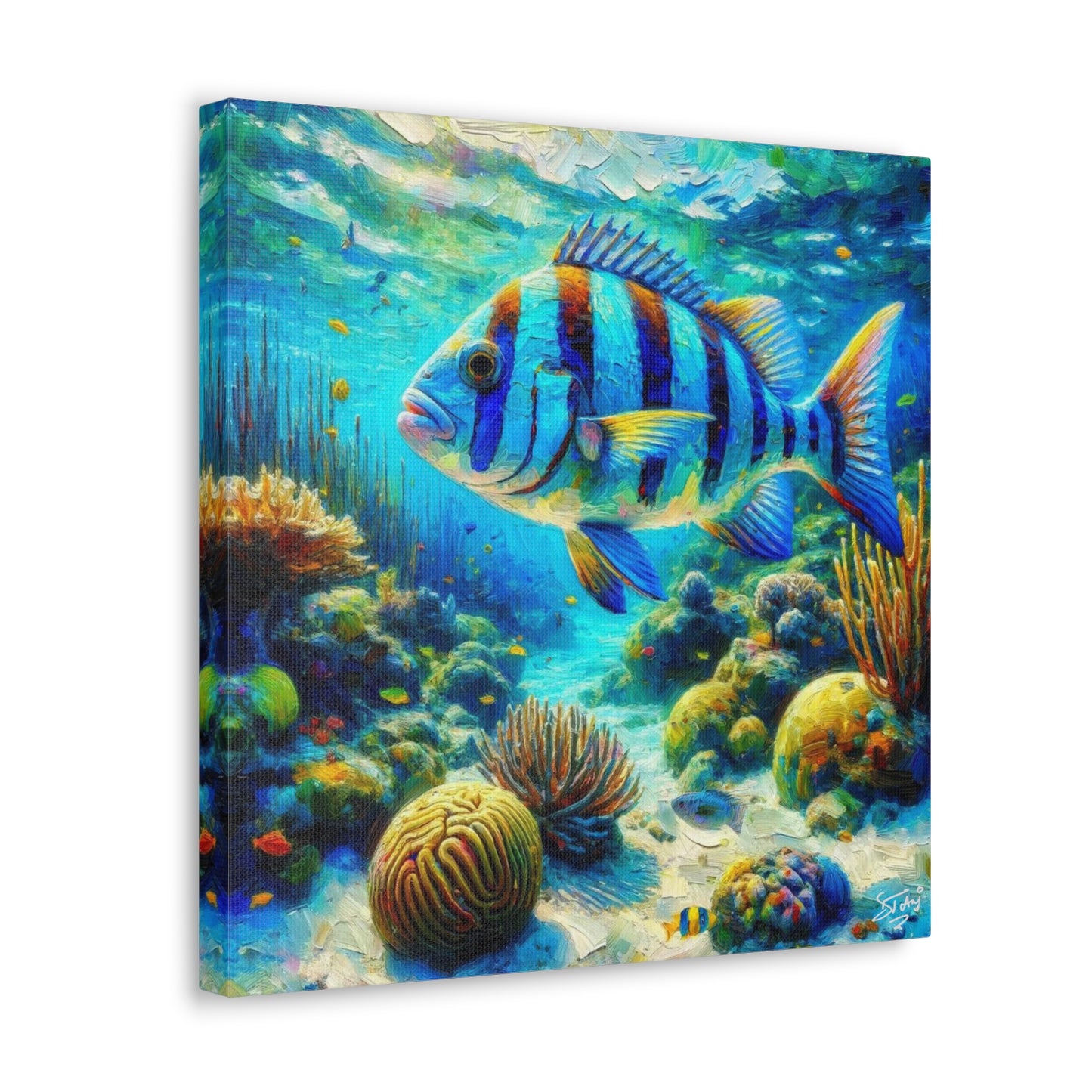 Art Print, Blue-Striped Grunt Fish in Coral Reef, Oil Finish, Caribbean Nature, Semi-Abstract, Canvas Gallery Wrap