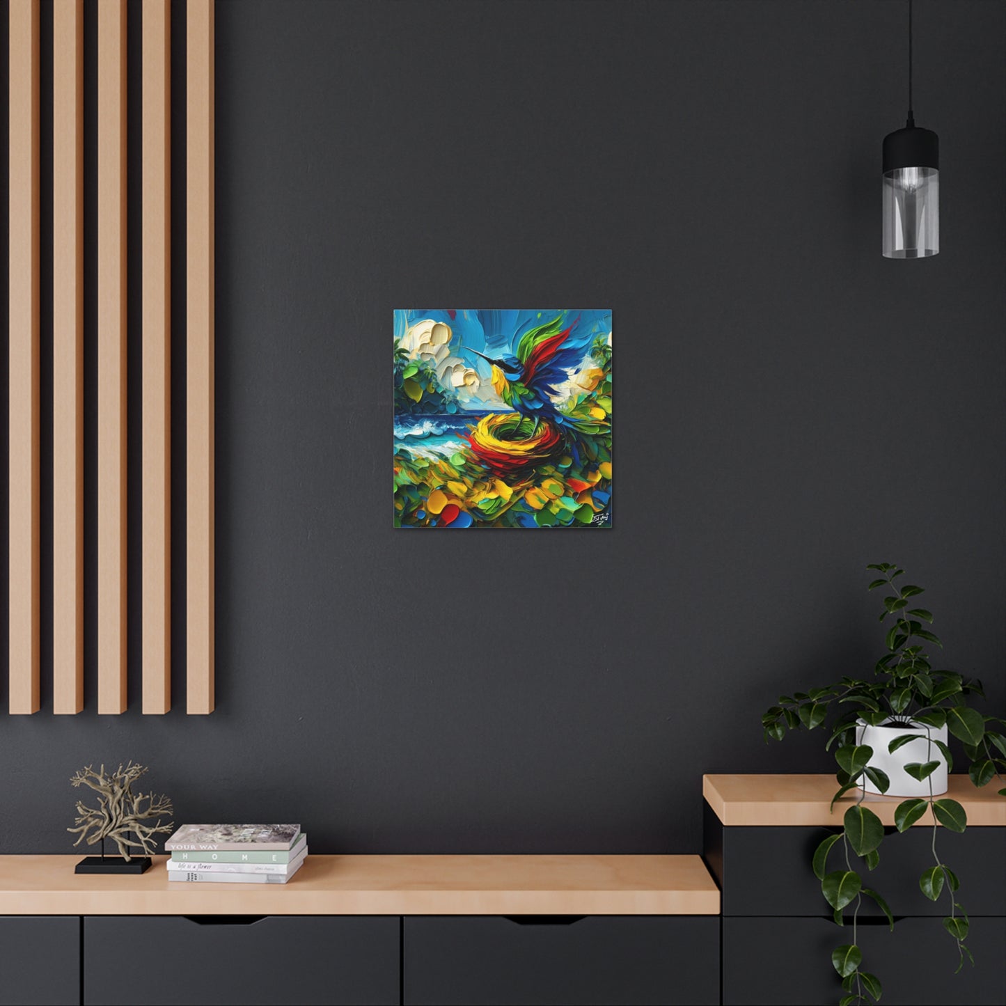 Art Print, Hummingbird, Oil Finish, Caribbean Nature, Cultural, Heritage, Semi-Abstract, Canvas Gallery Wrap