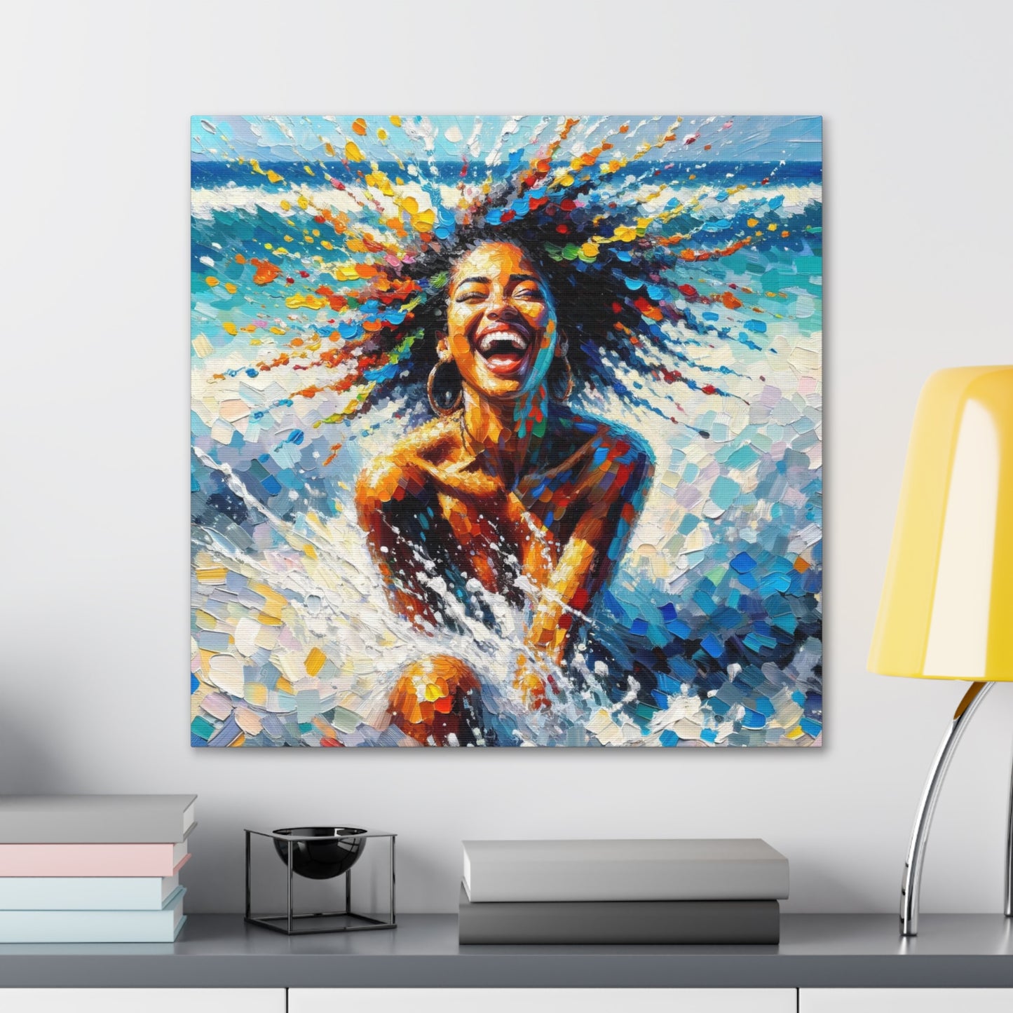 Art Print#3 of Dougla Woman's Exhilaration Captured - Joy, Laughter, Color, Caribbean Sea, Oil Finish, West Indian Art, Canvas Gallery Wraps