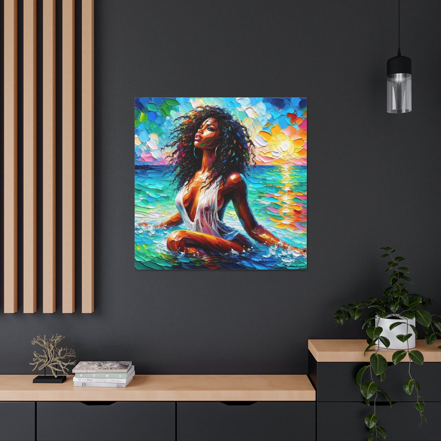 Art Print, Afro-Caribbean Woman, "Sea Bath" Abstract, Oil Finish, West Indian Ethnicity, Cultural, Heritage, Abstract, Canvas Gallery Wrap